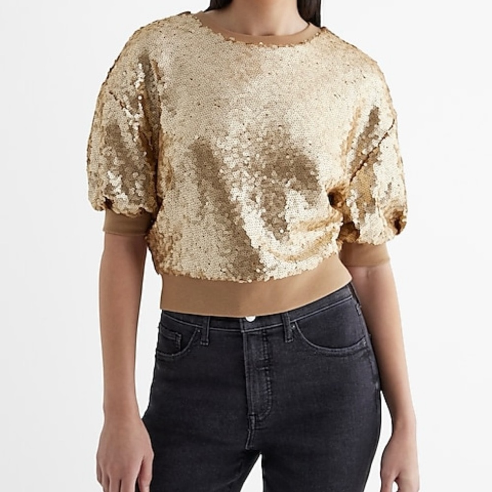 Express Gold Crop Sequin Blouse